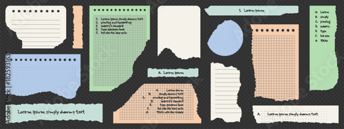 Torn notebook paper pieces set isolated on transparent background. Vector realistic illustration of ripped copybook pages with perforated and uneven edges, colorful school collage design elements