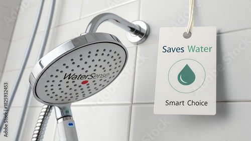 Showerhead with WaterSense label saving water in a bathroom