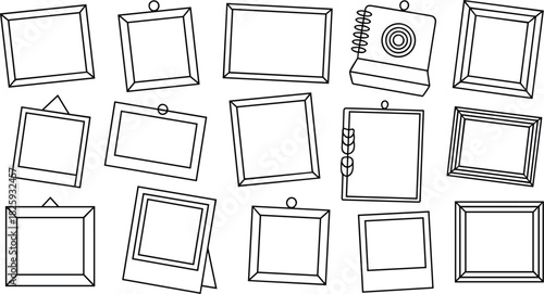 Minimalist Picture Frame and Photo Display Vector Line Art Outline Set Featuring Square, Rectangular, and Polaroid Style Borders.