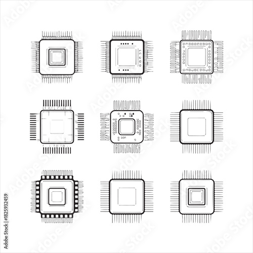Collection of nine different computer microchip illustrations in a grid pattern