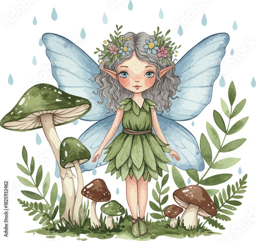 Cute forest fairy with blue wings, mushrooms, and falling raindrops