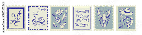 Vintage Italian postage stamp set with hand drawn Amalfi coast symbols - tomatoes and scooter, seashells and sardines, lobster and beach accessories. Blue postcard frames in summer Mediterranean style