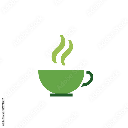 Green tea cup with steam in a minimalist style on a white background