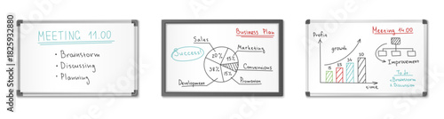 Office whiteboard set with marker business meeting content - agenda lists, pie chart plan, growth diagram and task notes. White board frames with written information for corporate presentations.