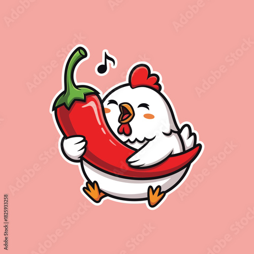 Cute chicken eating spicy chili cartoon vector icon illustration animal food icon concept isolated
