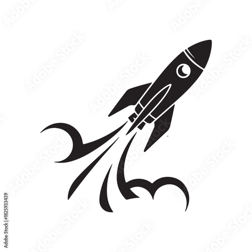 Stylized black silhouette of a rocket launching with smoke trails