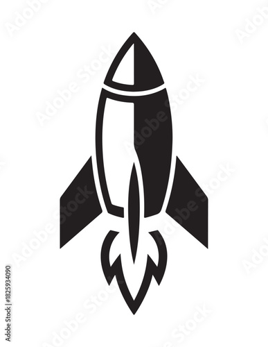 Stylized black and white rocket ship launching with fiery exhaust