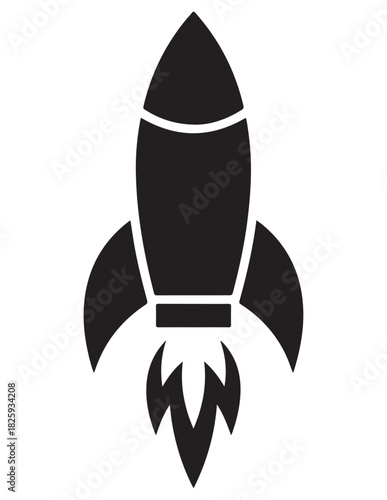 Black silhouette of a rocket ship launching with fire and smoke