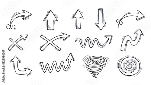 A collection of hand-drawn doodle arrows and sketch symbols in black ink, featuring curved arrows, zigzag arrows, spiral shapes, and playful directional markers. Ideal for infographics, presentations
