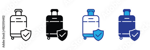 Luggage insurance icon set with four variations: outline, solid black, blue outline, and solid blue, featuring a suitcase and shield.