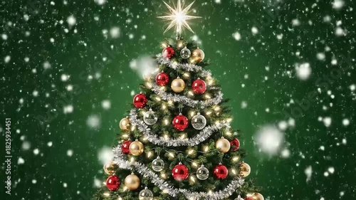 decorated christmas tree on green background, Christmas green animated background.