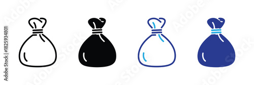 Collection of four drawstring pouches, icons representing different styles and colors, isolated on white background for easy use.