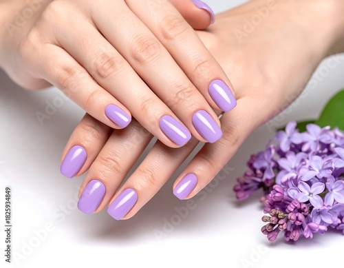 Close-up of manicured hands with lavender nails, next to lilac blooms