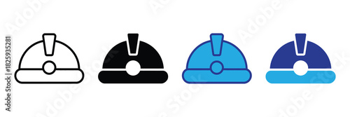 Set of hard hat icons in line, solid black, and blue color variations, representing construction and safety gear for industry professionals.