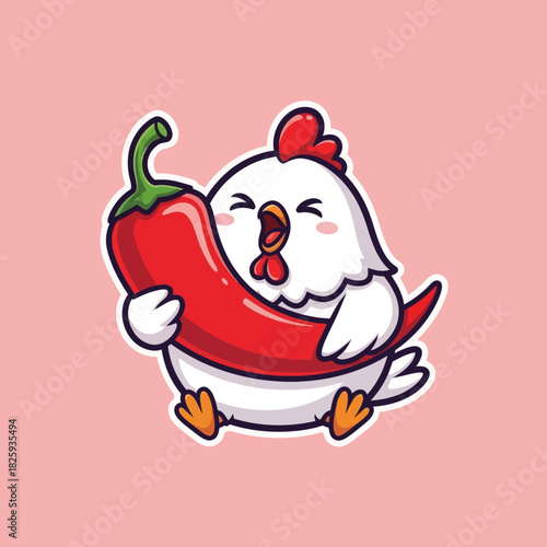 Cute chicken eating spicy chili cartoon vector icon illustration animal food icon concept isolated