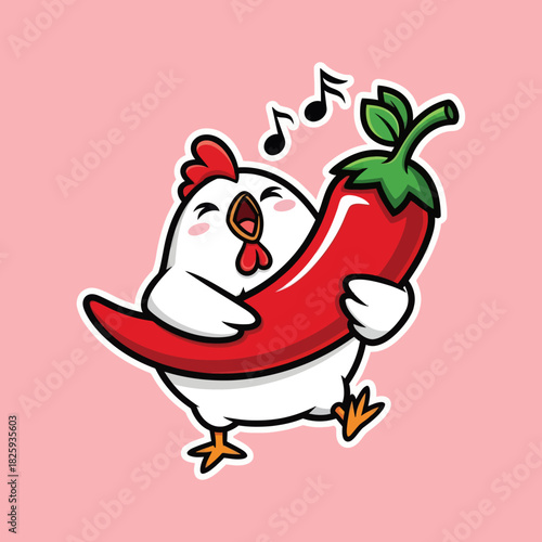 Cute chicken eating spicy chili cartoon vector icon illustration animal food icon concept isolated