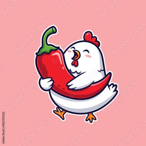 Cute chicken eating spicy chili cartoon vector icon illustration animal food icon concept isolated