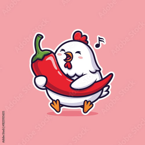Cute chicken eating spicy chili cartoon vector icon illustration animal food icon concept isolated