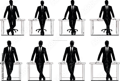 Eight businesspeople in silhouette leaning on desks in suits with crossed legs – flavectorWeb