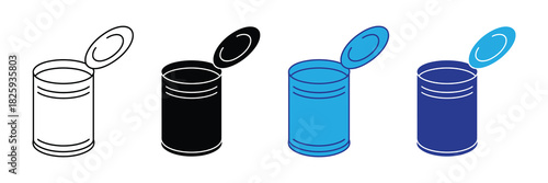 Four open tin cans with lids ajar, rendered in different styles: outline, silhouette, and two color variations, isolated on white.
