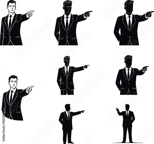 Eight businessmen in varied silhouette styles pointing with right hand in suits – flavectorWeb