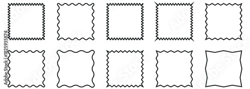 Golden wavy zigzag square frames set. Geometric shapes with scallop and zigzag edges set. Jagged curved box. zig zag, wavy edge shapes, abstract badge.
