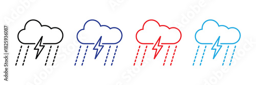 Set of stylized cloud icons with rain and lightning bolts in black, blue, red, and cyan on a white background, representing weather forecast symbols.