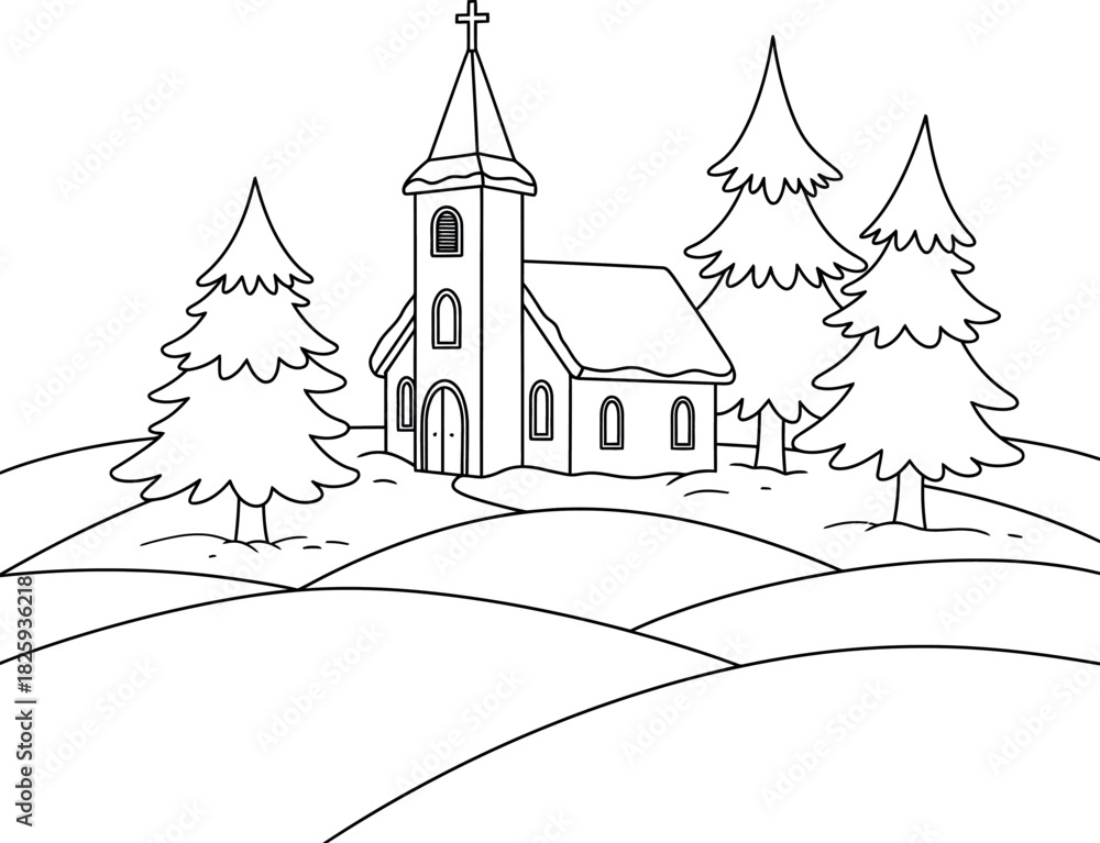 Fototapeta premium Winter church on snowy hills with evergreen trees simple line art