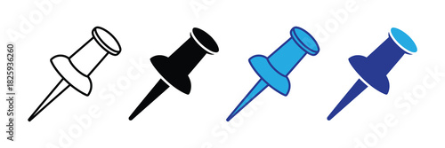 Set of four push pins in different styles including outline, solid black, blue, and dark blue, isolated on white background.