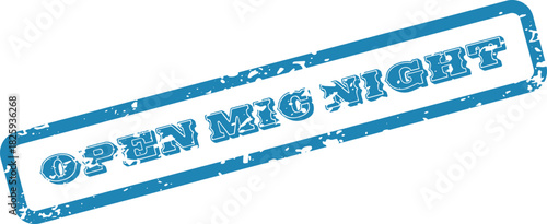 Distressed blue open mic night rectangular stamp conveying a retro feel