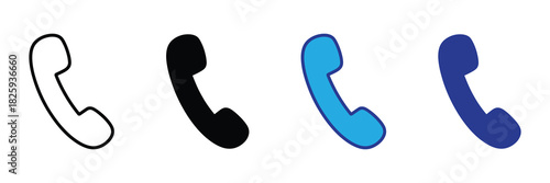Collection of four distinct phone handset icons: outline, solid black, bright blue, and deep blue, representing communication and contact options