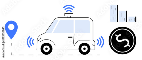 Electric self-driving car with wireless signals, GPS marker, chart, and dollar sign. Ideal for transport, technology, efficiency, innovation, cost-effectiveness data analytics smart mobility