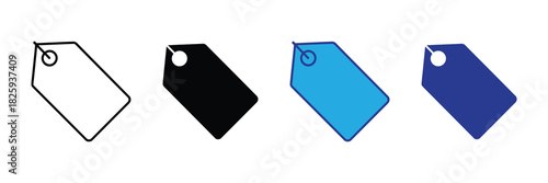 Collection of four tag icons representing pricing, sales, and identification in various styles: outline, solid black, blue, and dark blue.