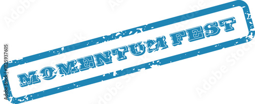 Blue Momentum Fest Stamp Image in Angled Rectangle Border on White