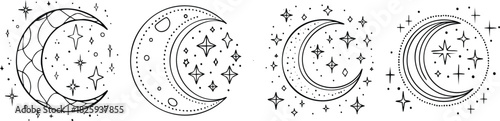 Celestial moon phases line drawing with boho stars representing mystical cosmic minimal spiritual aesthetic artwork