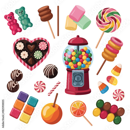 Set of Cartoon Candies Vector Illustration Showing Lollipop, Candy Cane, Bonbon, Marmalade Teddy Bear, Licorice, Candied Fruit, Gumball Machine, Candy Apple, and Caramel Presented