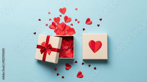 Top-down view of open gift box overflowing with red heart confetti on blue background for valentines day