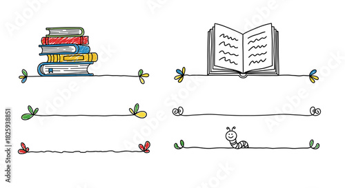 Charming decorative text dividers featuring stacks of books and a cute worm
