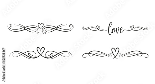 Romantic decorative text dividers featuring hearts and the word "love"