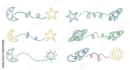 Playful cosmic-themed decorative elements with moons, stars, and rockets