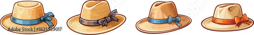 Stylish panama hat icon with ribbon accent in bold cartoon design representing summer travel fashion style
