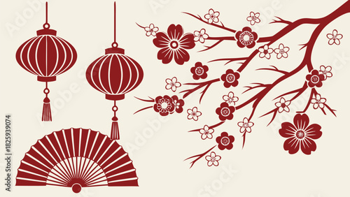 Red-themed festive arrangement with lanterns, plum blossoms, and figurine, elegant decor, detailed elements, bright celebratory mood, cultural holiday charm.