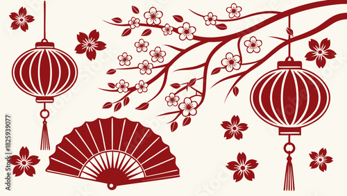 Red decorative scene with lanterns, plum blossoms, and figurine, creating festive ambiance, vibrant color, detailed elements, elegant celebration-themed arrangement.