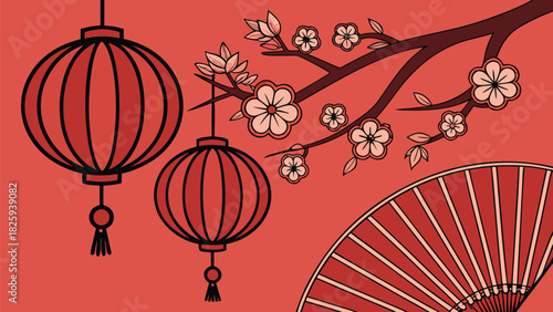 Red festive scene with lanterns, plum blossoms, and figurine, vibrant decorative elements, detailed composition, elegant cultural celebration, warm seasonal atmosphere.