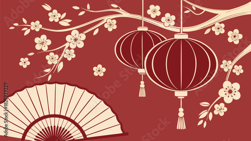 Festive red scene featuring lanterns, plum blossoms, and figurine, bright decorative setup, elegant composition with detailed cultural celebration elements.