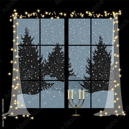 View from the window to the countryside in winter. The window is decorated with curtains and a garland. Christmas Eve.eps