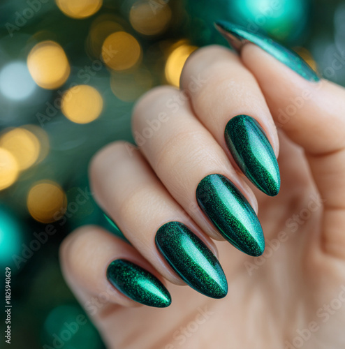 a close-up view of a hand with meticulously manicured nails in a striking chrome emerald green finish, set against a festive background with Christmas 