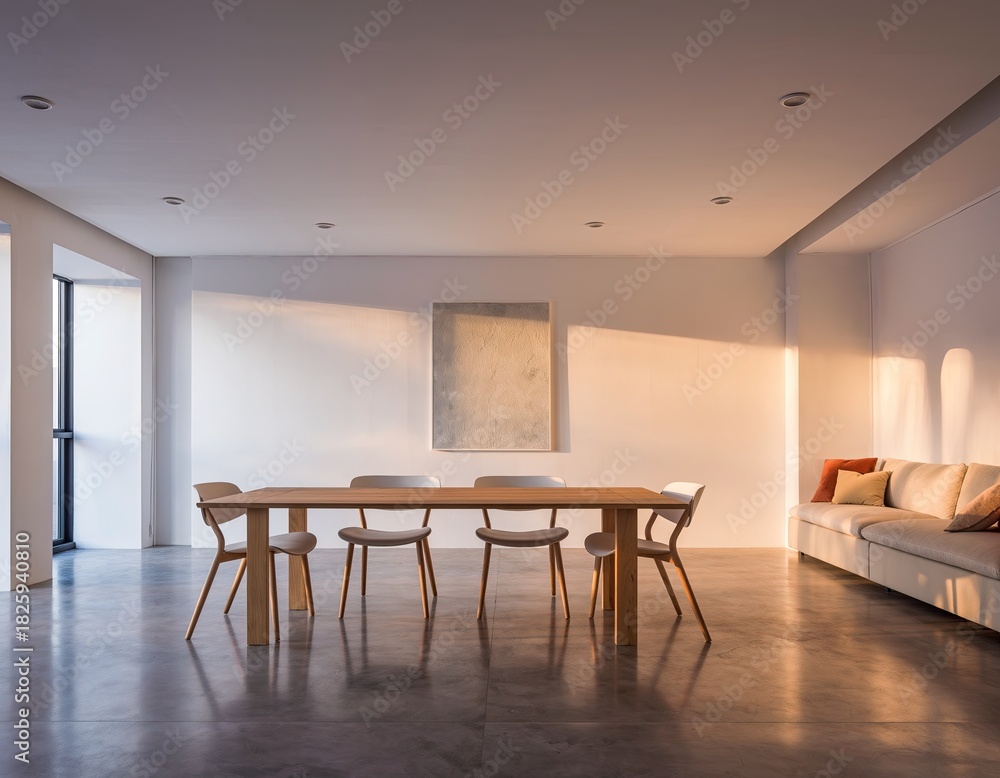 Fototapeta premium Minimalist interior table, chairs, couch, sunlight