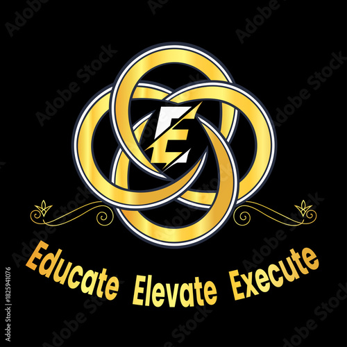 A luxurious, modern emblem featuring three interlocking gold rings forming an elegant knot at the center. Inside the knot sits a black shield-like shape with a bold, stylized letter E.