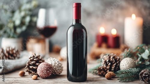 Festive red wine bottle with candles and holiday decorations on a wooden table